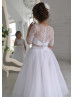 Two Piece White Lace Tulle Elbow Sleeve Flower Girl Dress